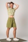 Preview: Bluse Damen Kurzarm Viskose Beige-Grünes Rautenmuster Ansicht seitlich
