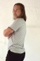 Preview: Viskose T-Shirt "Theo" für Herren - Streifen Beige-Azurblau Ansicht von linker Seite