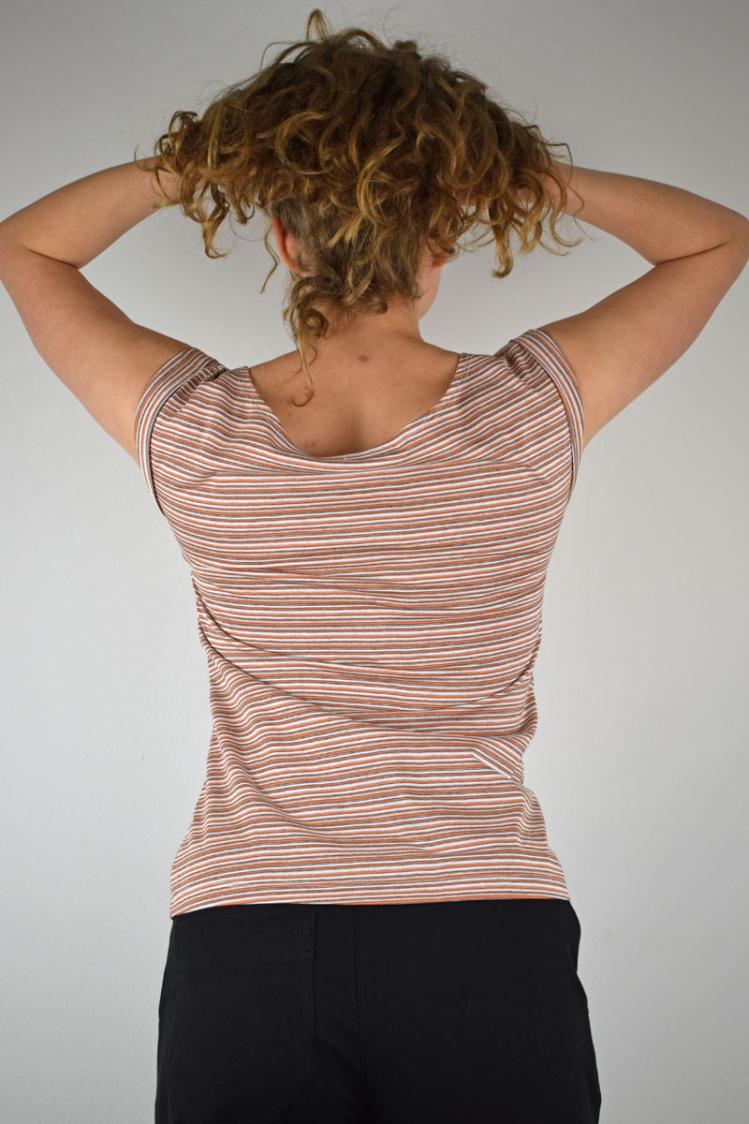 T-Shirt Damen Viskose Streifen Orange-Grau Rückansicht