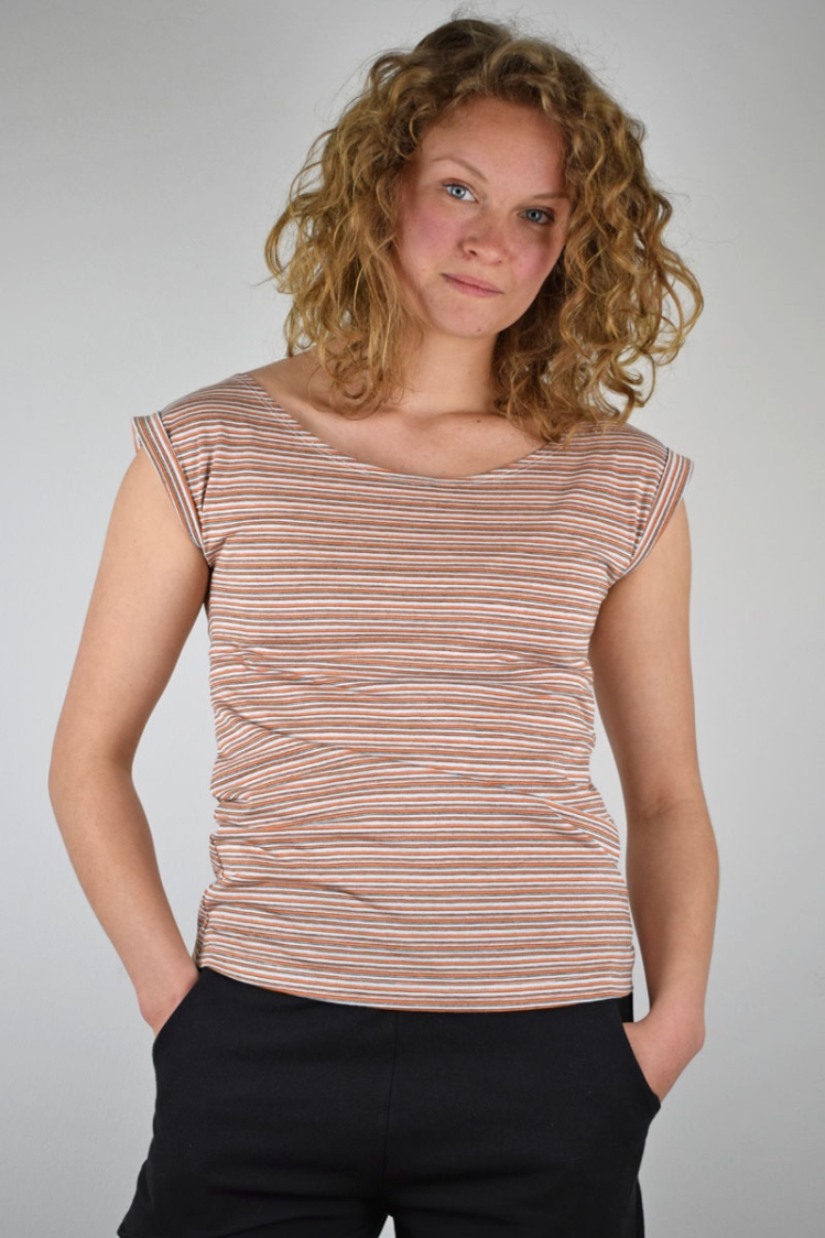 T-Shirt Damen Viskose Streifen Orange-Grau Ansicht von vorne