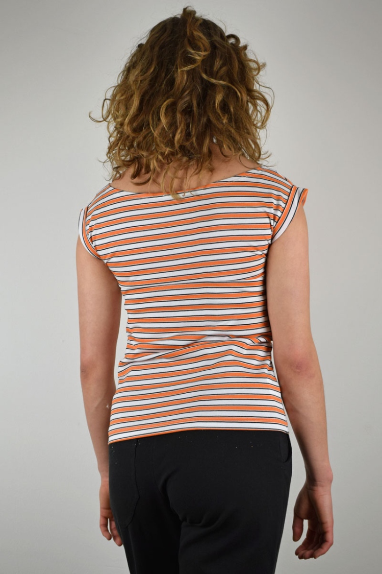 Damen T-Shirt "Lilly" in Orange-Weiß breit gestreift von hinten