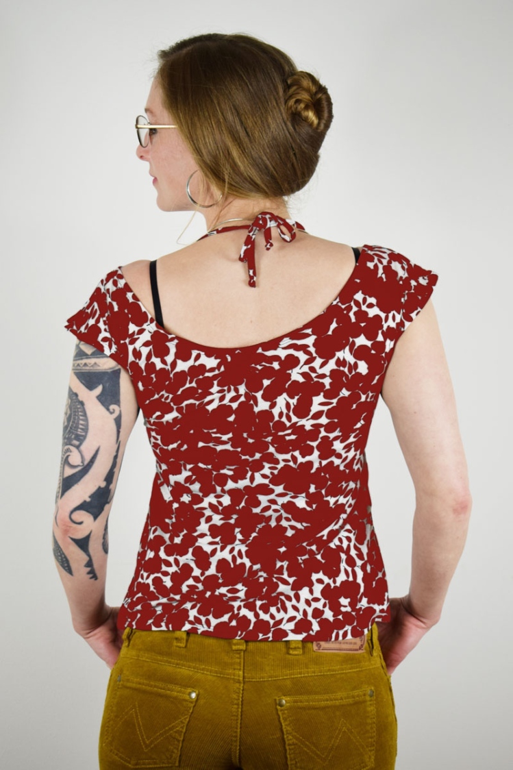 Top "Motyl" mit rot-weißem Blattmuster für Damen Ansicht von hinten