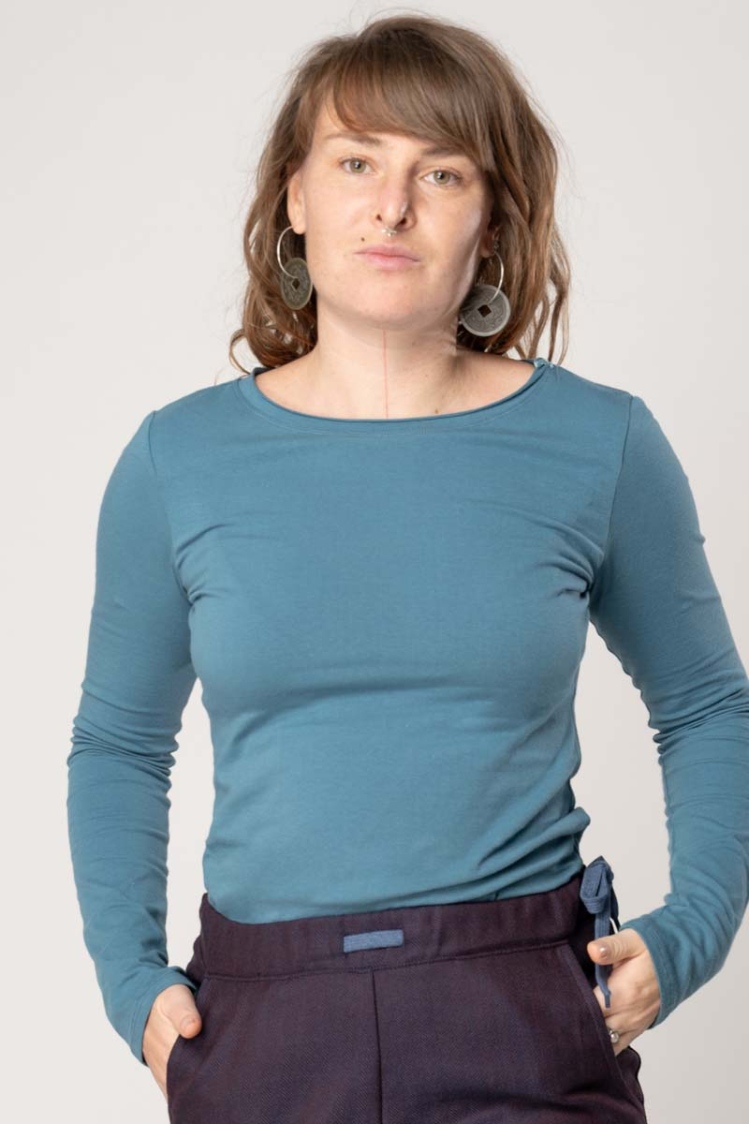 Langarmshirt Bio Baumwolle Damen Blau Ansicht frontal von vorne