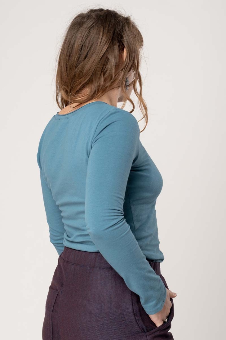 Langarmshirt Bio Baumwolle Damen Blau Ansicht seitlich von hinten