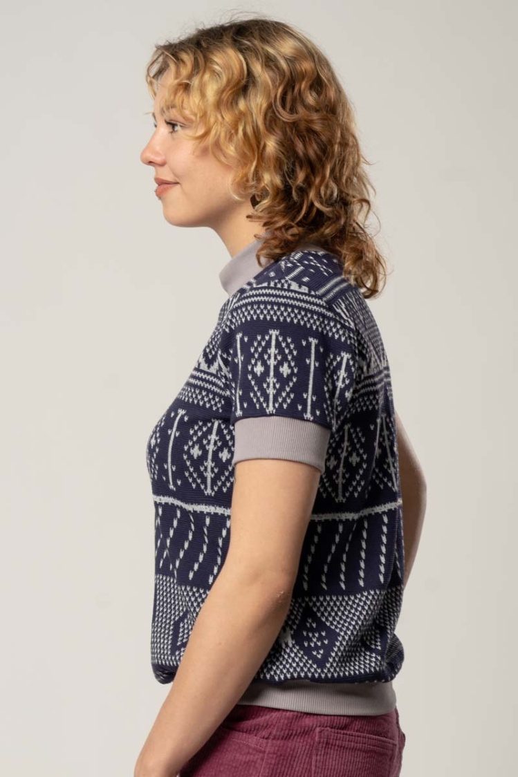 Shirt "Anita" Kurzarm Norwegermuster Blau-Grau für Damen Ansicht von linker Seite