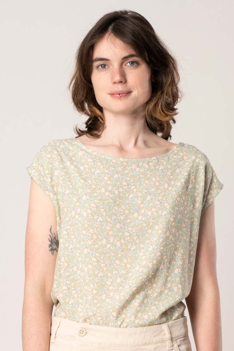Viskose Bluse für Damen Kurzarm in Lindgrün mit Tulpenmuster