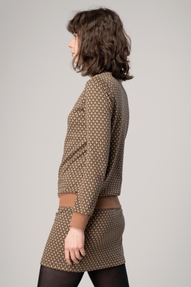 Stehkragen Pullover Damen Art Deco Muster Beige Ansicht linke Seite
