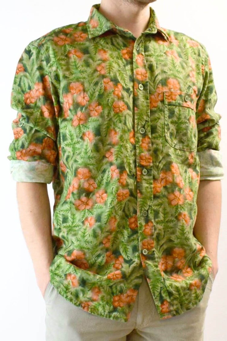 Leinenhemd für Herren Langarm mit floralem Haiwaiihemd-Muster Detailansicht Front