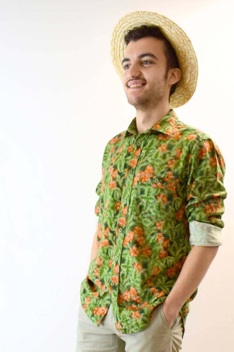 Leinenhemd für Herren Langarm mit floralem Haiwaiihemd-Muster
