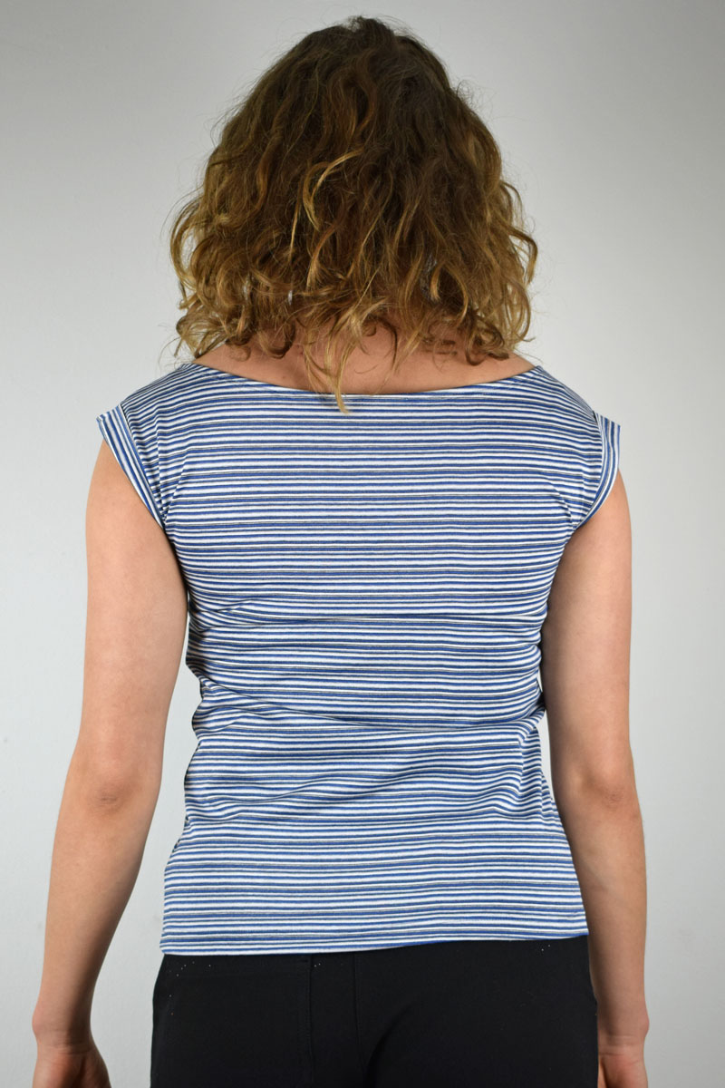T-Shirt Damen Viskose Streifen Blau-Grau mit Glitzerfäden