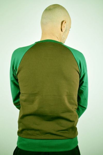 Sweatshirt "Floh" für Herren in Braun mit grünen Ärmeln und Bündchen Ansicht von hinten