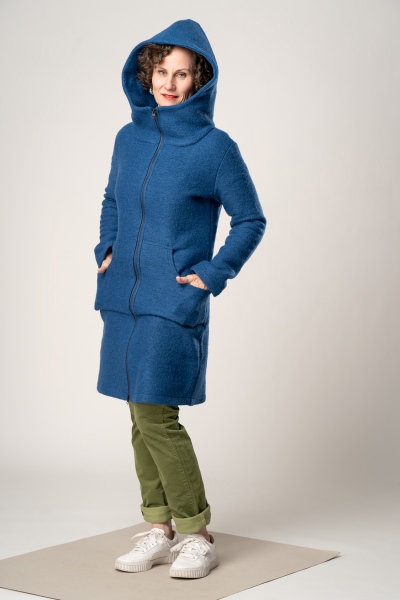 Wollmantel für Damen Blau Ansicht mit aufgesetzter Kapuze