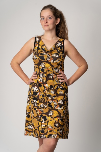 Kleid "Xenia" - ocker/braun gemustert mit 70er Kreisen