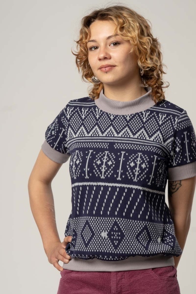 Shirt "Anita" Kurzarm Norwegermuster Blau-Grau für Damen