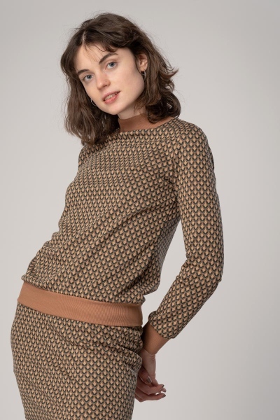 Stehkragen Pullover Damen Art Deco Muster Beige Ansicht seitlich von vorne