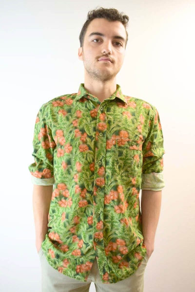 Leinenhemd für Herren Langarm mit floralem Haiwaiihemd-Muster Ansicht Front
