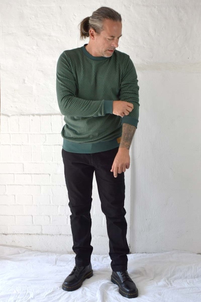 Pullover "Ewan" Grün für Herren Ansicht von vorne mit grafischem Muster Ganzkörperbild